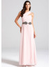 Blush Pink Chiffon Beads One Shoulder Long Prom Dress 